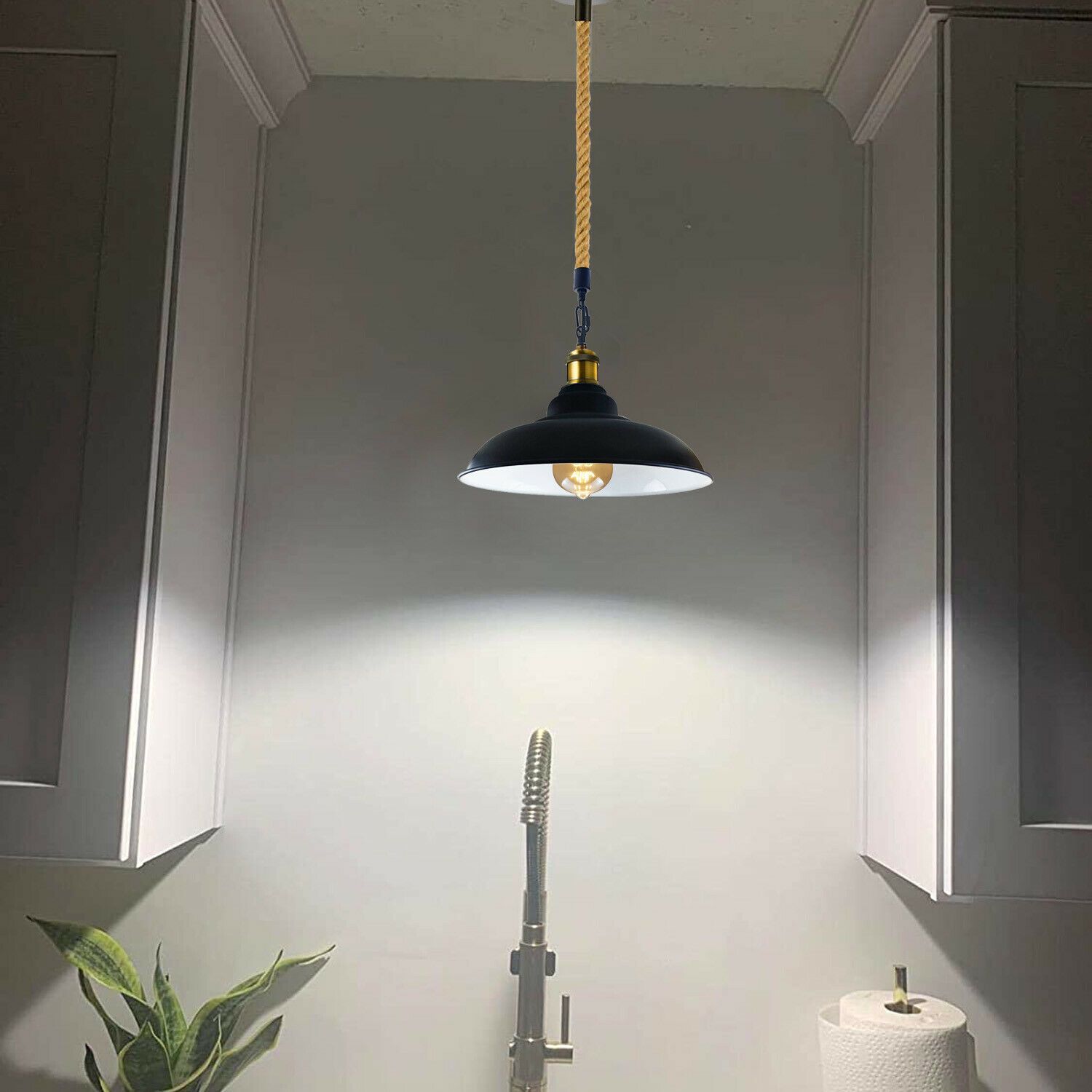 Black Barn Pendant Light featuring a vintage design with a gold holder and hemp rope, perfect for home and restaurant decor.