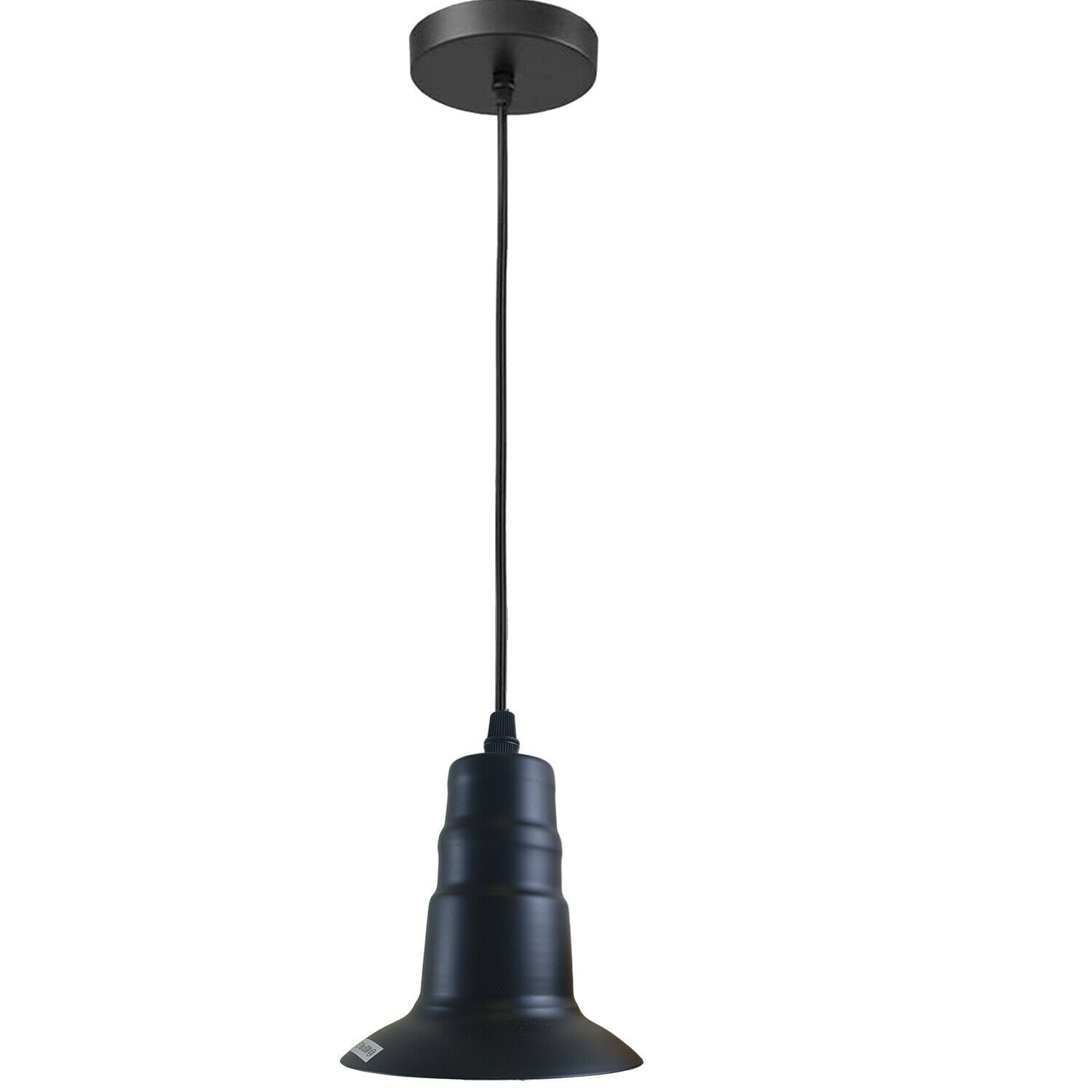 Black industrial pendant lamp with E27 bulb holder, showcasing a sleek design suitable for various interiors.