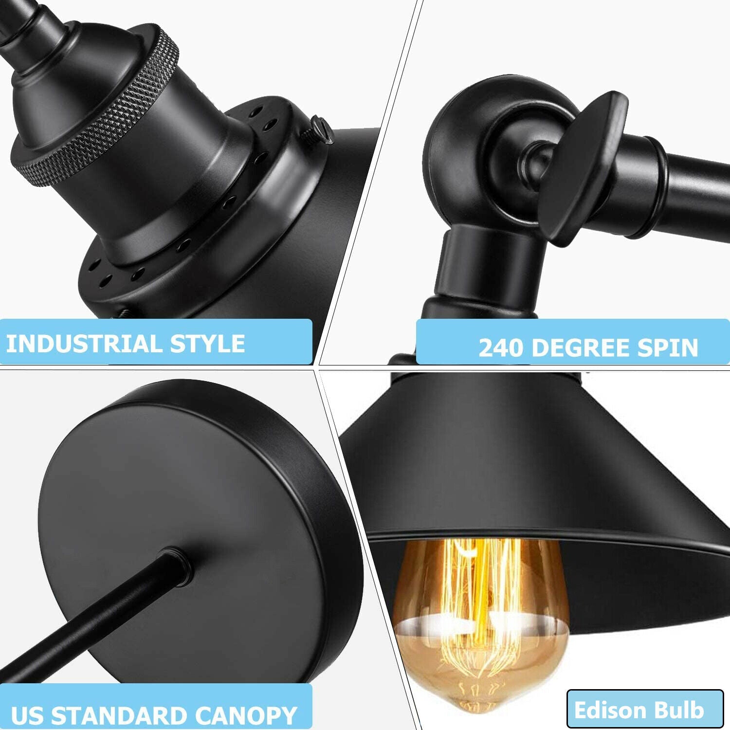 Black metal adjustable wall light and sconce set, featuring a vintage cone-shaped design, perfect for modern home decor.