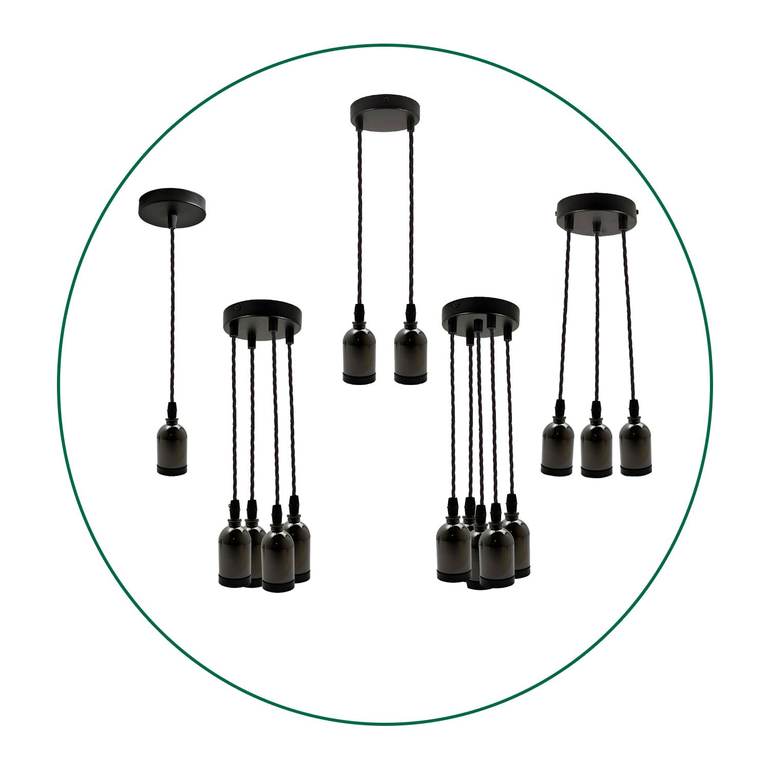 Black Multi Outlet E27 Metal Vintage Hanging Ceiling Pendant with adjustable gold twisted wire and multiple light options.