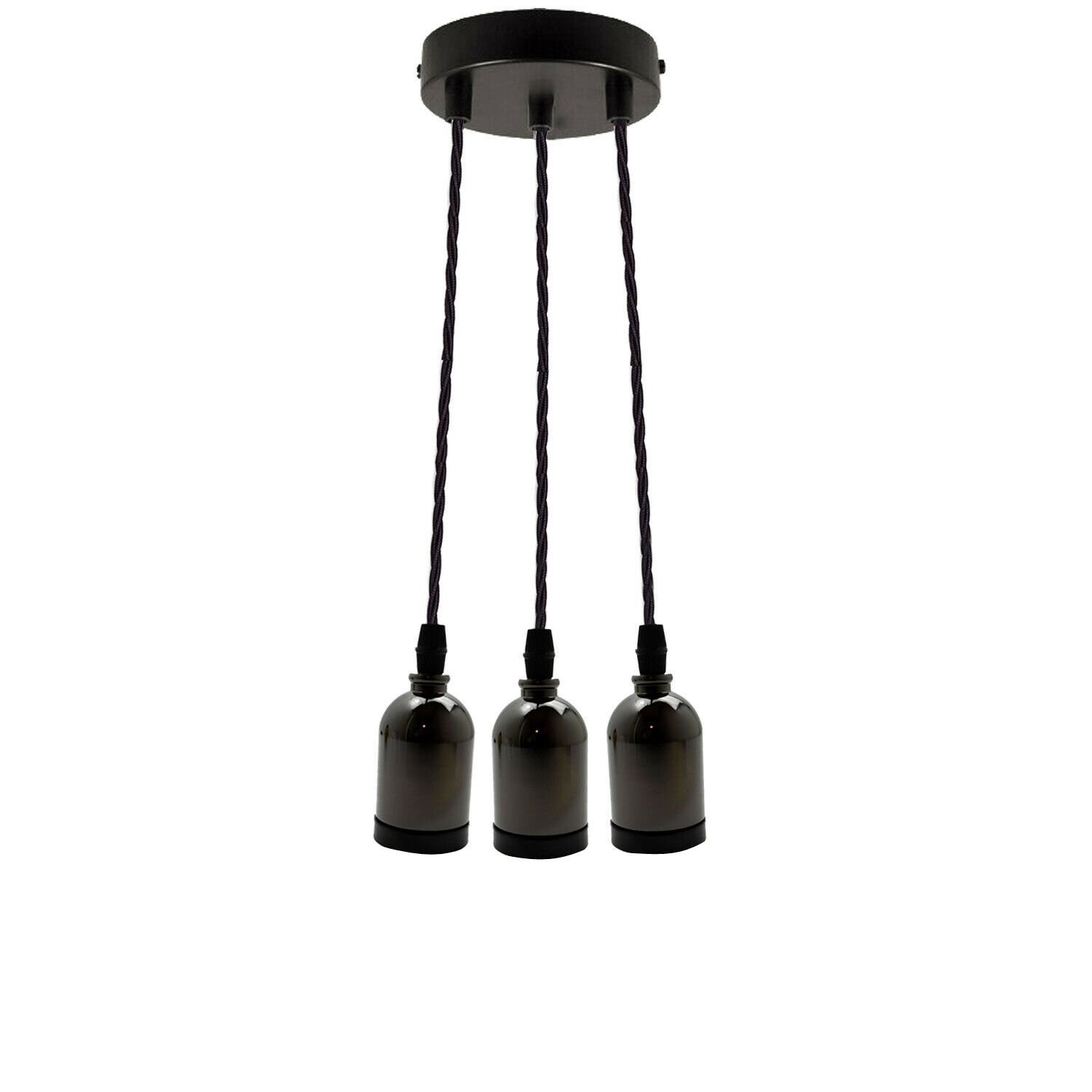 Black Multi Outlet E27 Metal Vintage Hanging Ceiling Pendant with adjustable gold twisted wire and multiple light options.