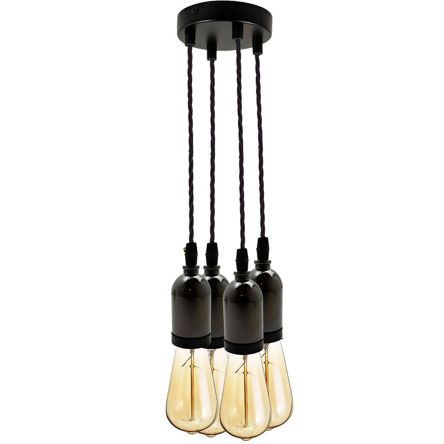 Black Multi Outlet E27 Metal Vintage Hanging Ceiling Pendant with adjustable gold twisted wire and multiple light options.
