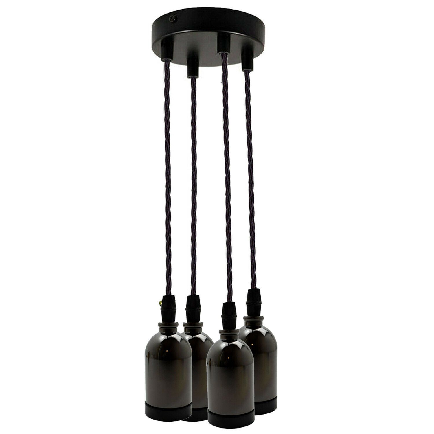 Black Multi Outlet E27 Metal Vintage Hanging Ceiling Pendant with adjustable gold twisted wire and multiple light options.