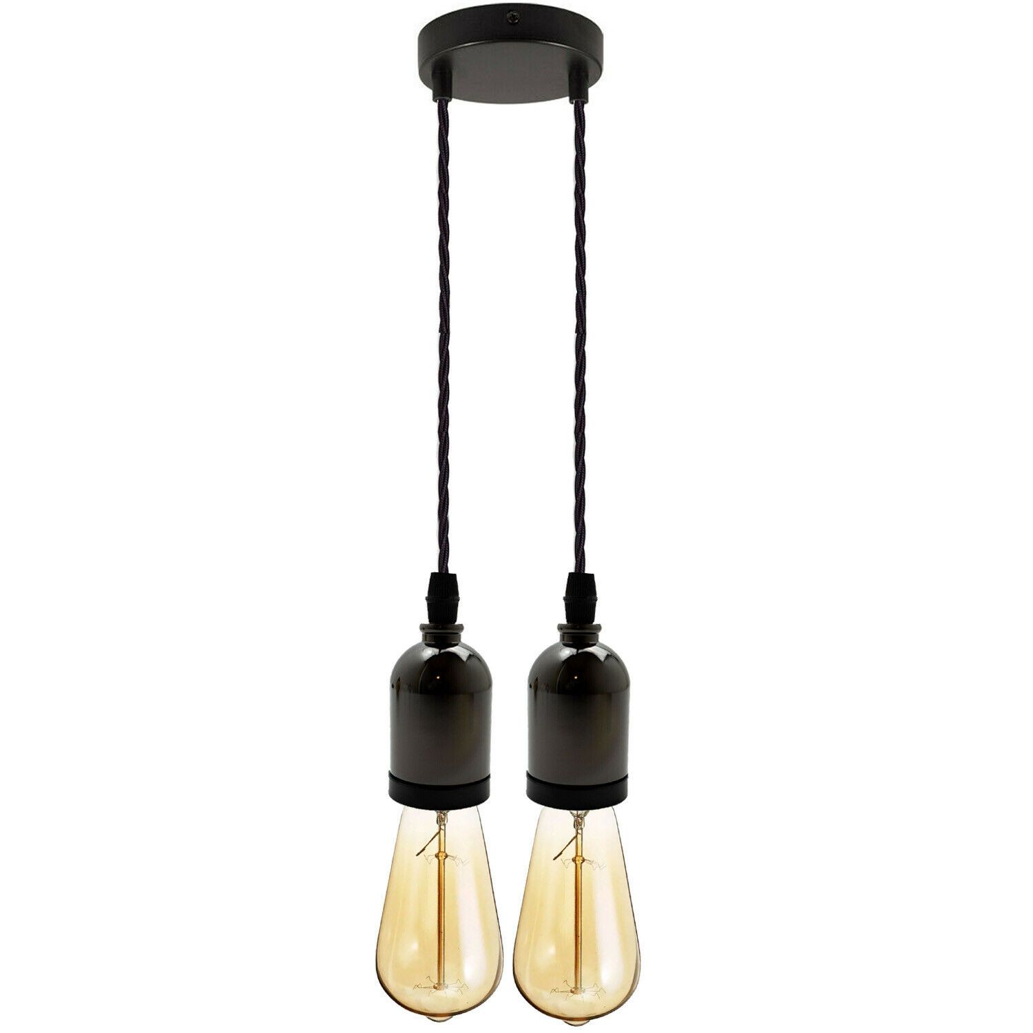 Black Multi Outlet E27 Metal Vintage Hanging Ceiling Pendant with adjustable gold twisted wire and multiple light options.
