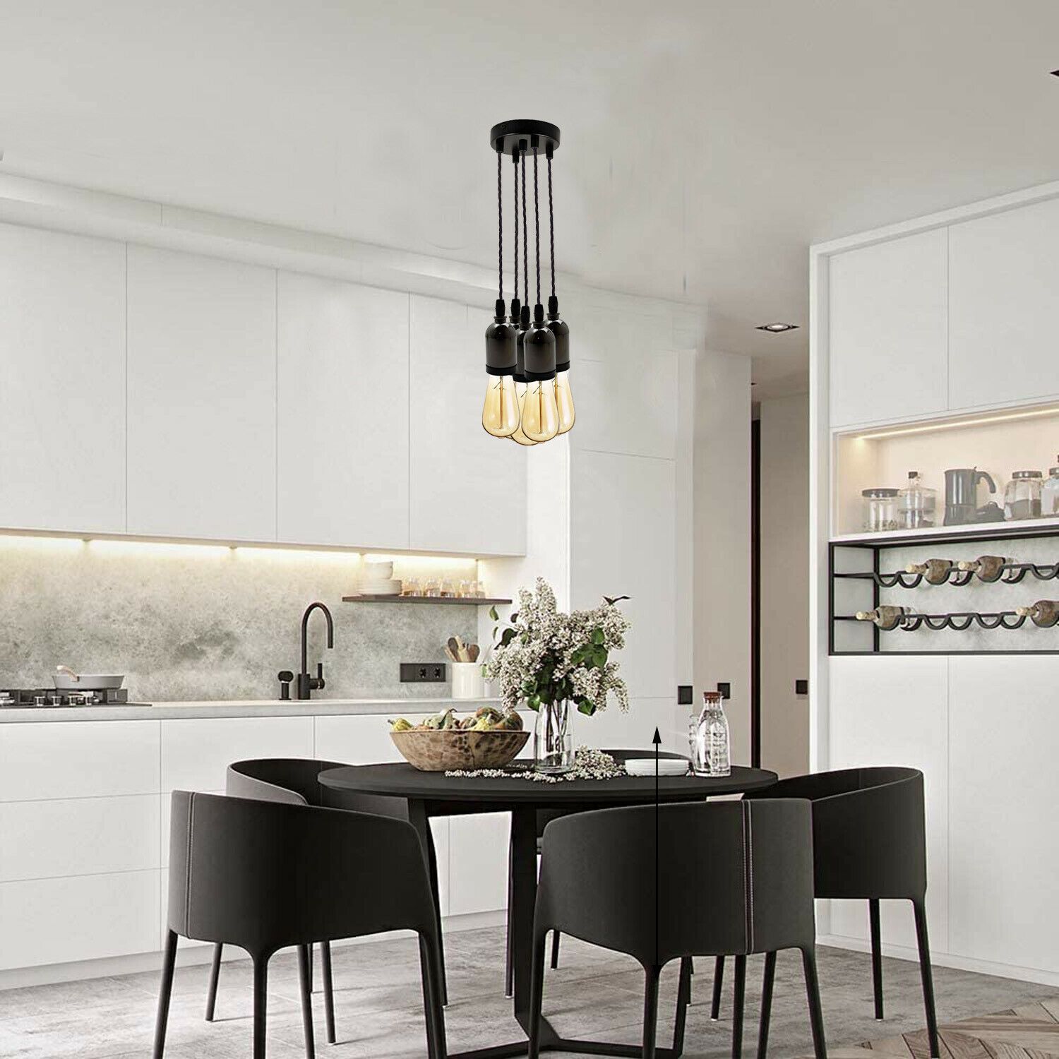 Black Multi Outlet E27 Metal Vintage Hanging Ceiling Pendant with adjustable gold twisted wire and multiple light options.