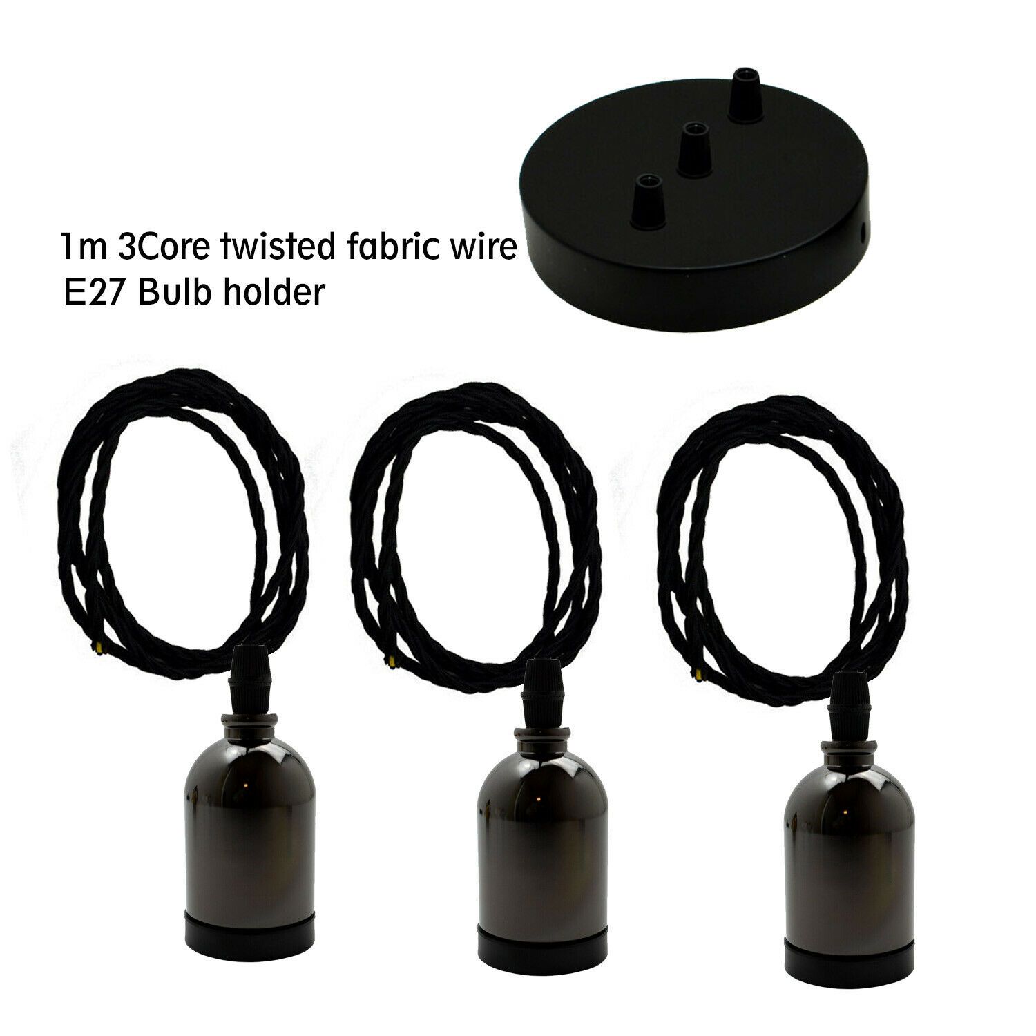 Black Multi Outlet E27 Metal Vintage Hanging Ceiling Pendant with adjustable gold twisted wire and multiple light options.