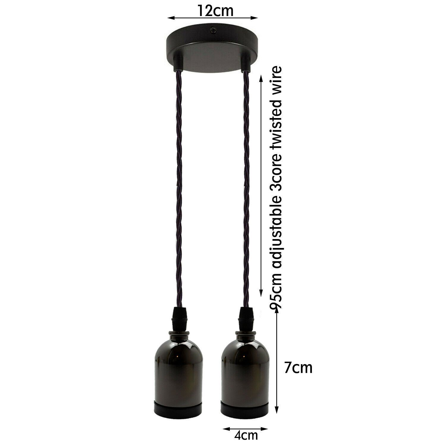 Black Multi Outlet E27 Metal Vintage Hanging Ceiling Pendant with adjustable gold twisted wire and multiple light options.