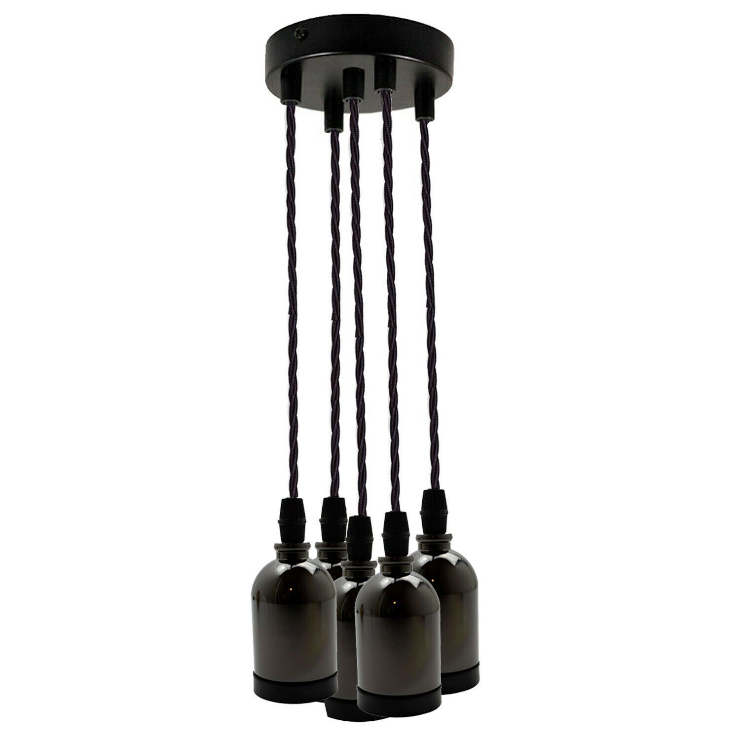 Black Multi Outlet E27 Metal Vintage Hanging Ceiling Pendant with adjustable gold twisted wire and multiple light options.