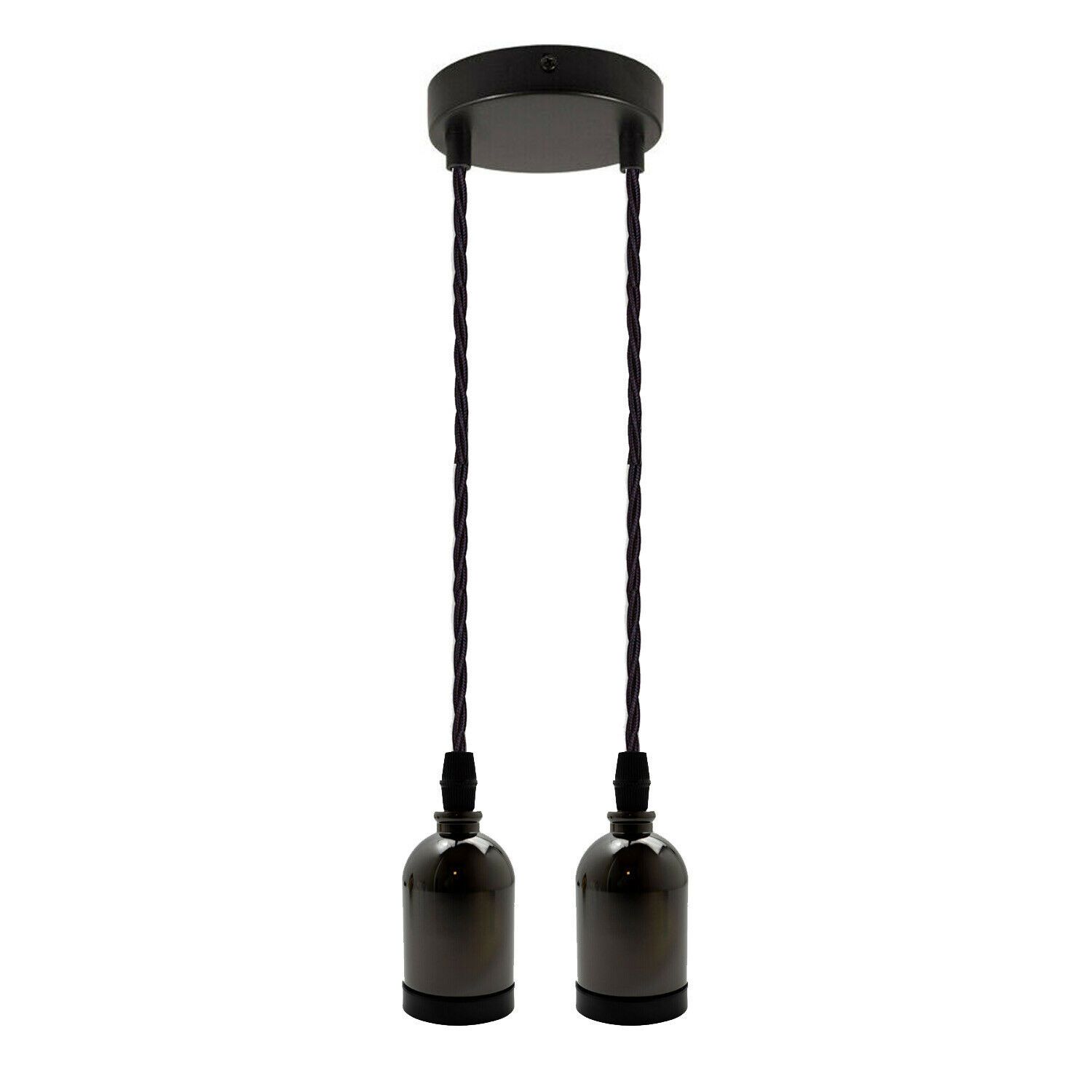 Black Multi Outlet E27 Metal Vintage Hanging Ceiling Pendant with adjustable gold twisted wire and multiple light options.