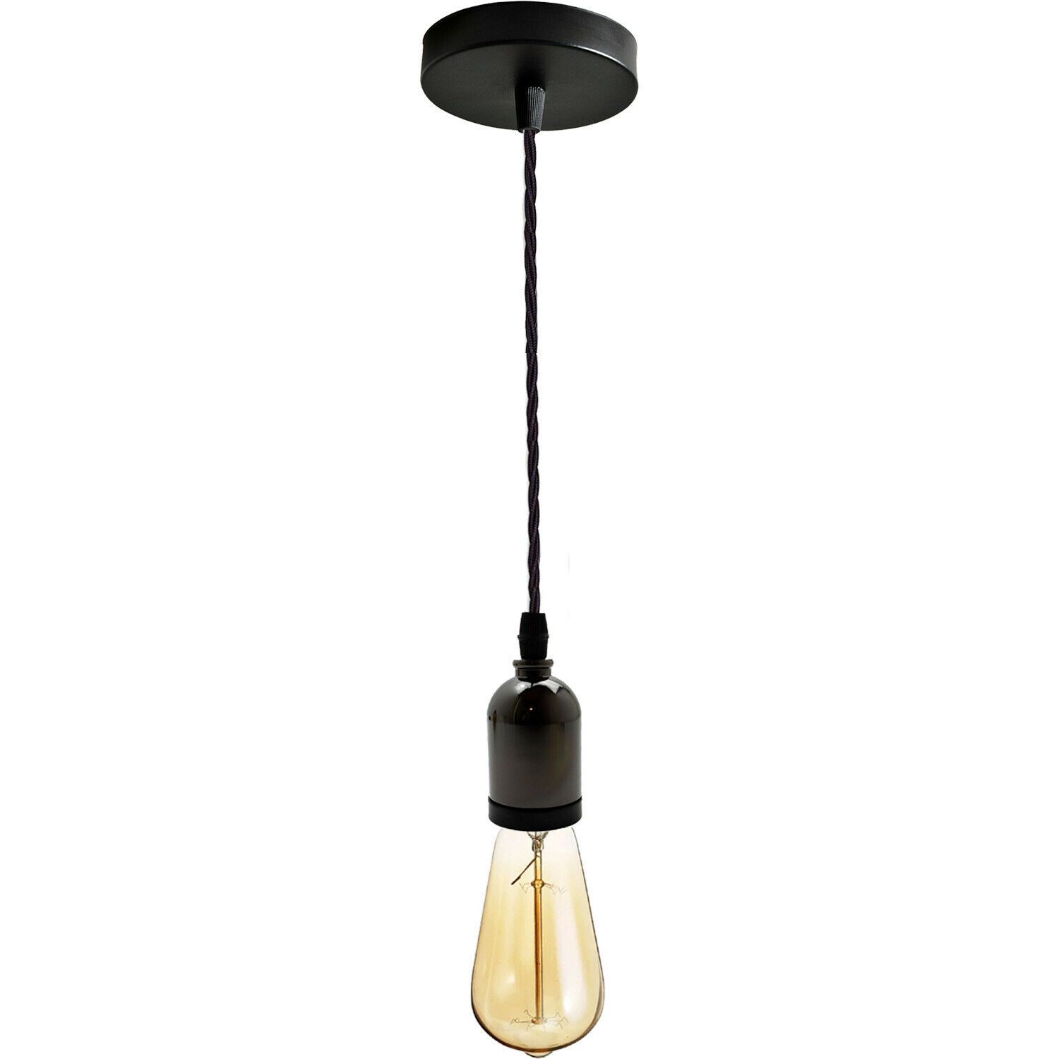 Black Multi Outlet E27 Metal Vintage Hanging Ceiling Pendant with adjustable gold twisted wire and multiple light options.