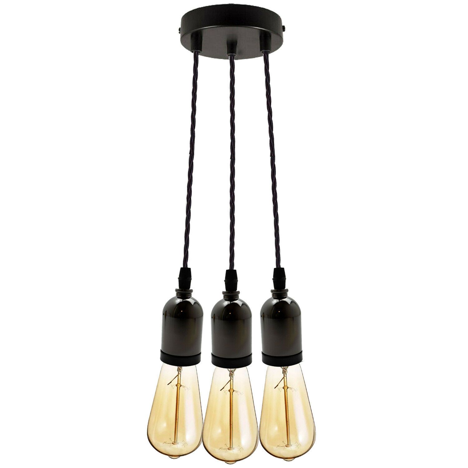 Black Multi Outlet E27 Metal Vintage Hanging Ceiling Pendant with adjustable gold twisted wire and multiple light options.
