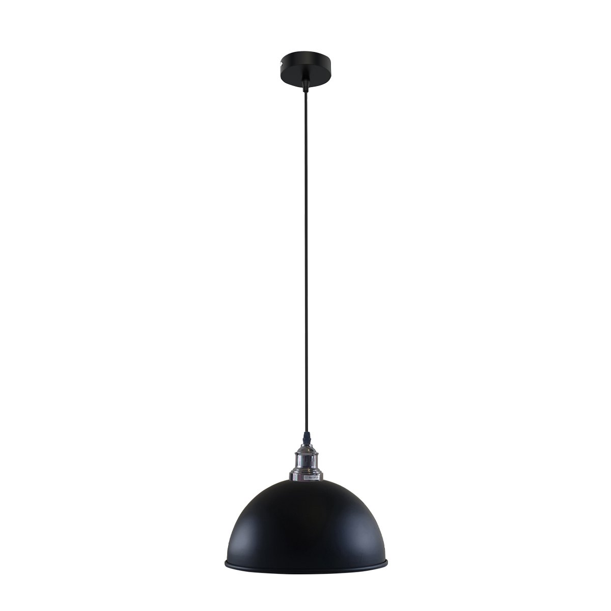 Black pendant light with a dome shape and brushed nickel finish, designed for modern interiors, featuring a white interior for enhanced illumination.