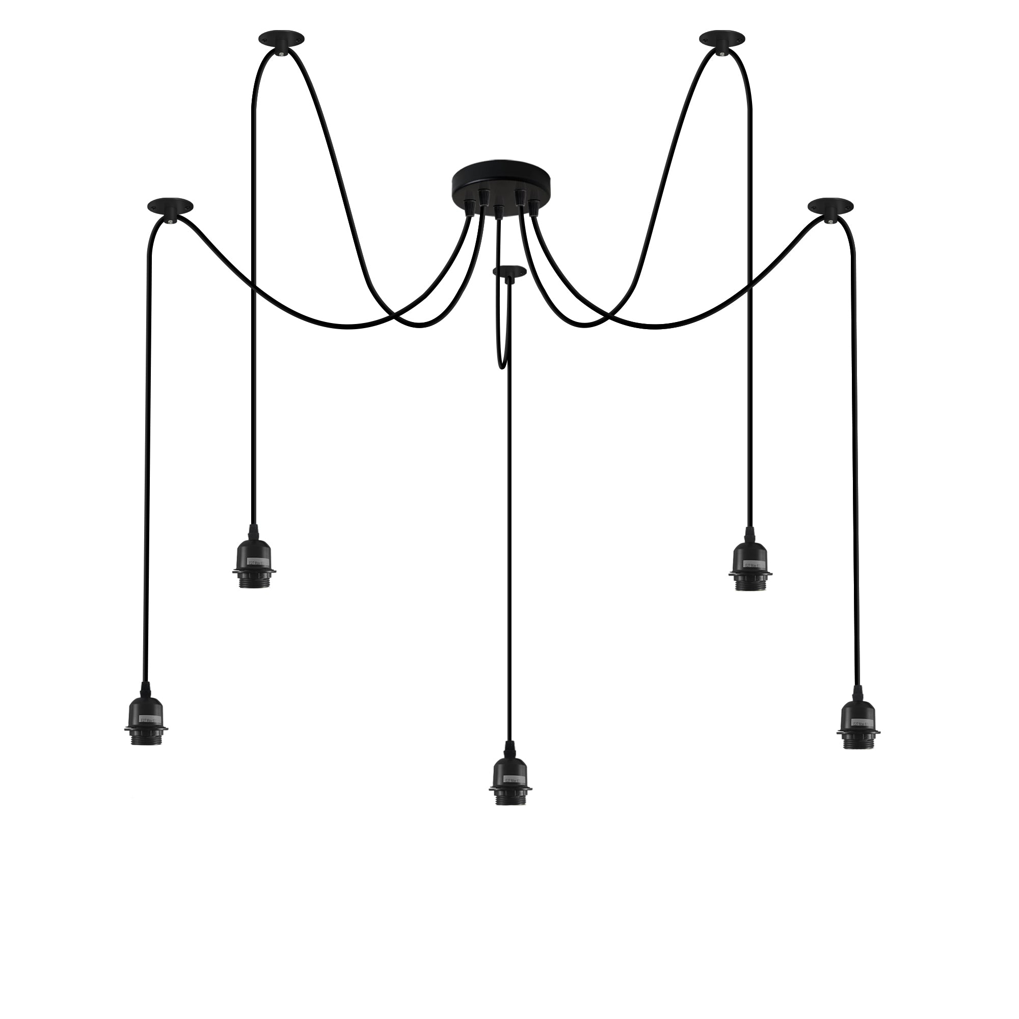 Spider Pendant Light with black finish and adjustable rubber cable, showcasing five light holders and a ceiling rose.