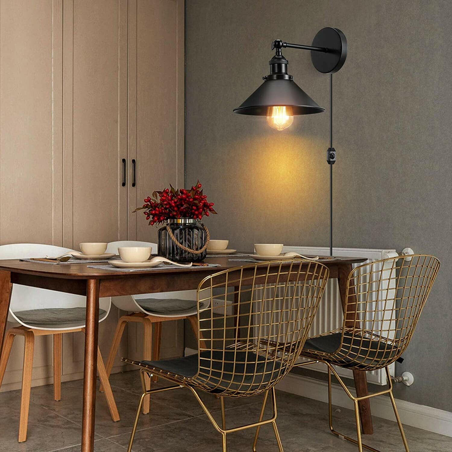 Black Plugin Wall Fitting Cone Metal Shade with a sleek design, perfect for modern and rustic interiors.