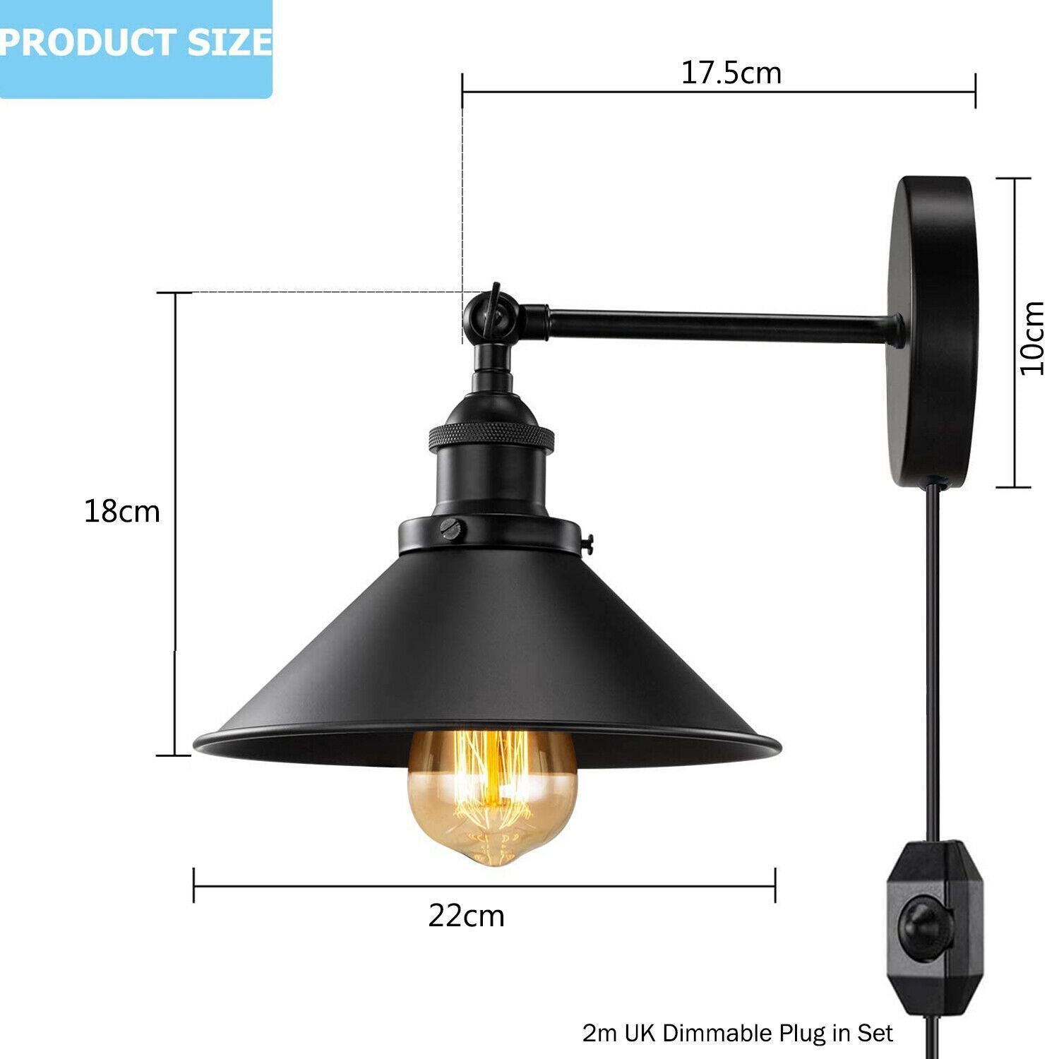 Black Plugin Wall Fitting Cone Metal Shade with a sleek design, perfect for modern and rustic interiors.