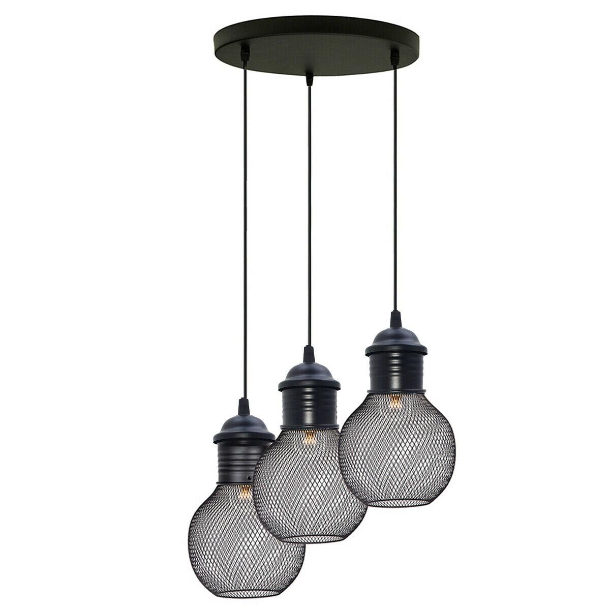 Black Three Way Ball Industrial Retro Loft Metal Ceiling Pendant with three light cages and cables, showcasing its elegant design.