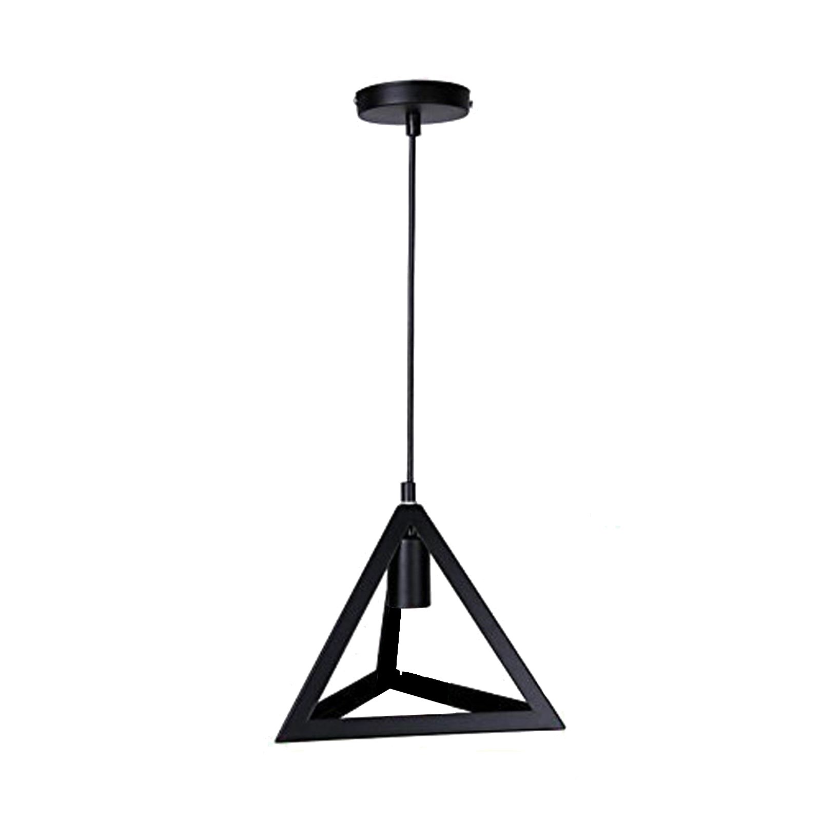 Black triangle metal wire frame lamp with a vintage industrial design, featuring a wire cage lampshade that enhances any room's decor.