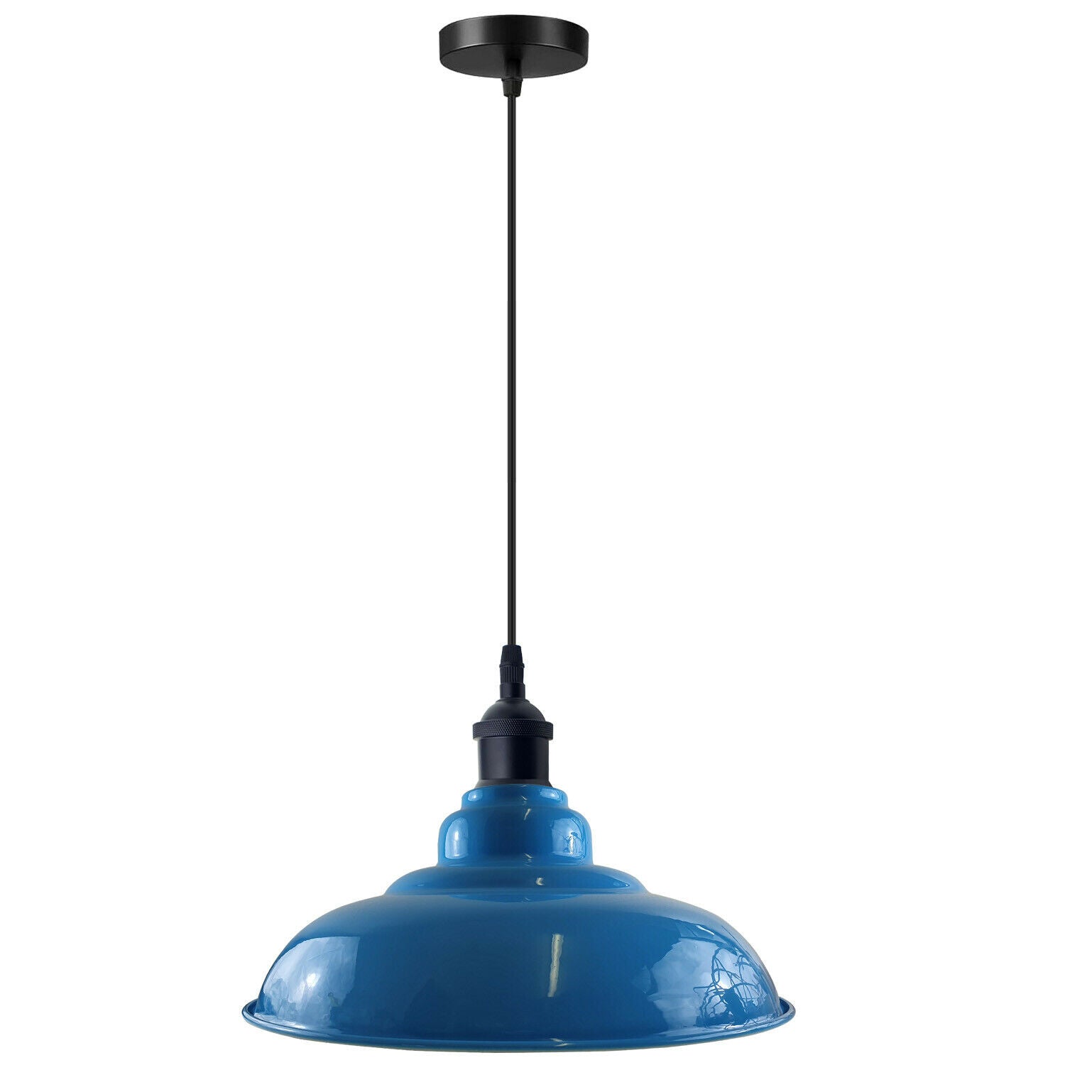 Stylish blue pendant light with a sleek dome design, perfect for kitchen islands and bar areas, featuring a white interior for enhanced illumination.