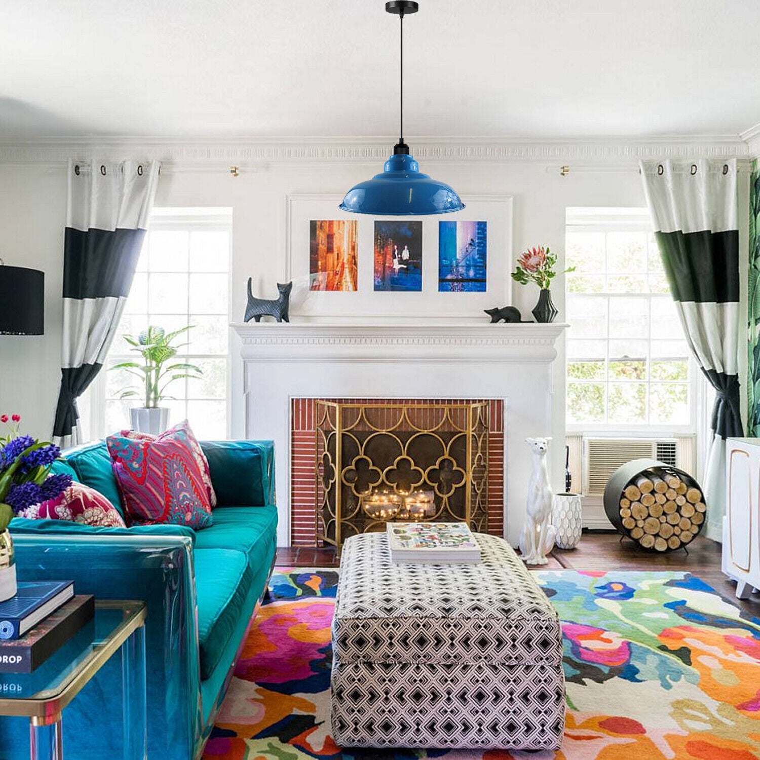 Stylish blue pendant light with a sleek dome design, perfect for kitchen islands and bar areas, featuring a white interior for enhanced illumination.