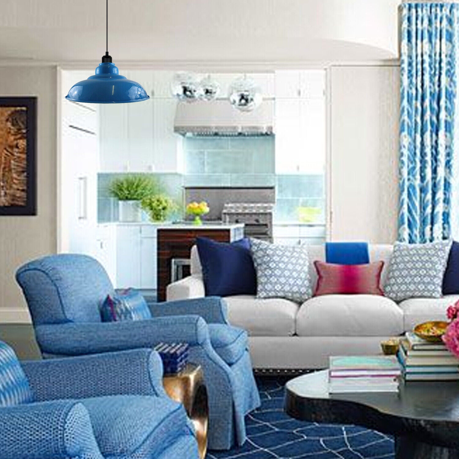 Stylish blue pendant light with a sleek dome design, perfect for kitchen islands and bar areas, featuring a white interior for enhanced illumination.