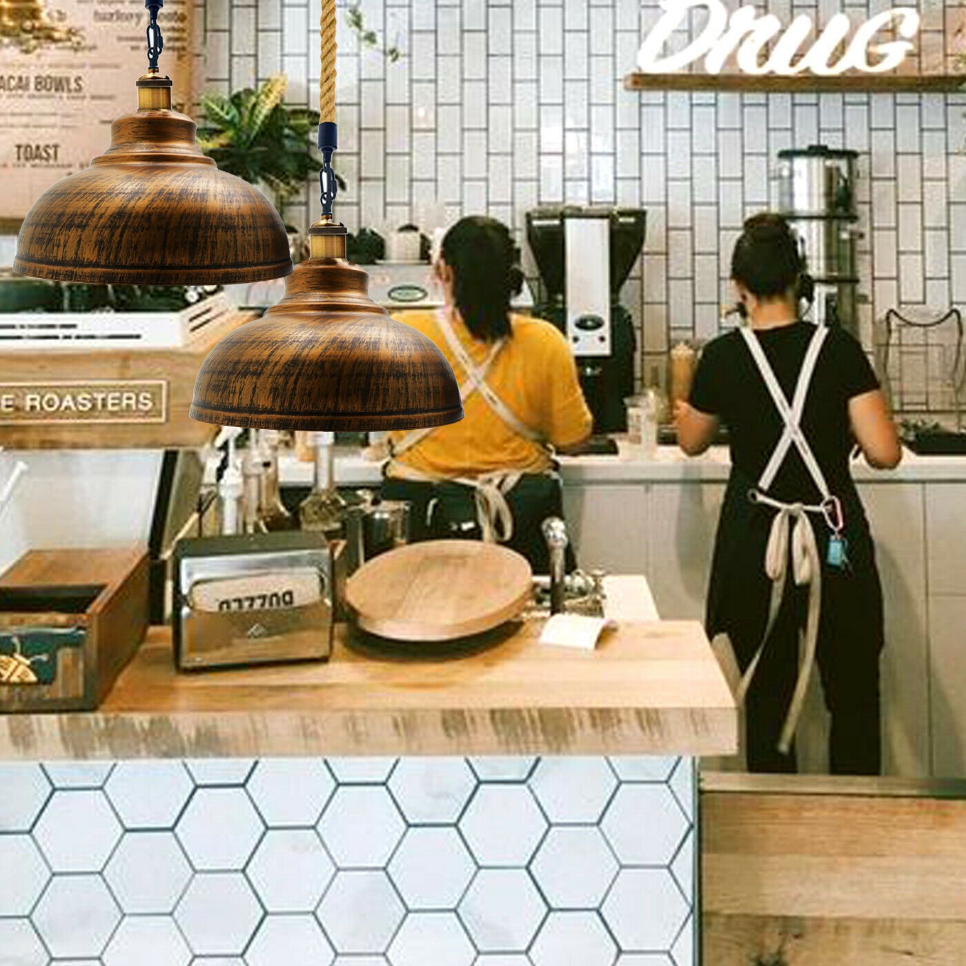 Brushed Copper Pendant Shade with Hemp Hanging, showcasing a vintage design suitable for modern and retro interiors.