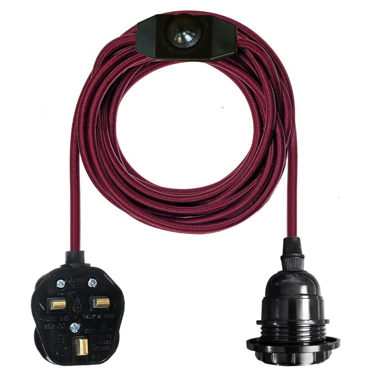 Burgundy color dimmer switch with 4.5m fabric flex cable, UK plug, ideal for desk lamps and sidelights.