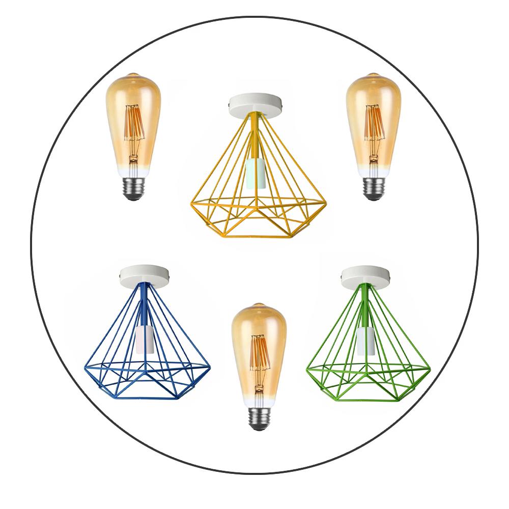 Modern Cage Ceiling Light fitting in blue, green, and gold, showcasing an Edison-style bulb, perfect for dining rooms and various spaces.