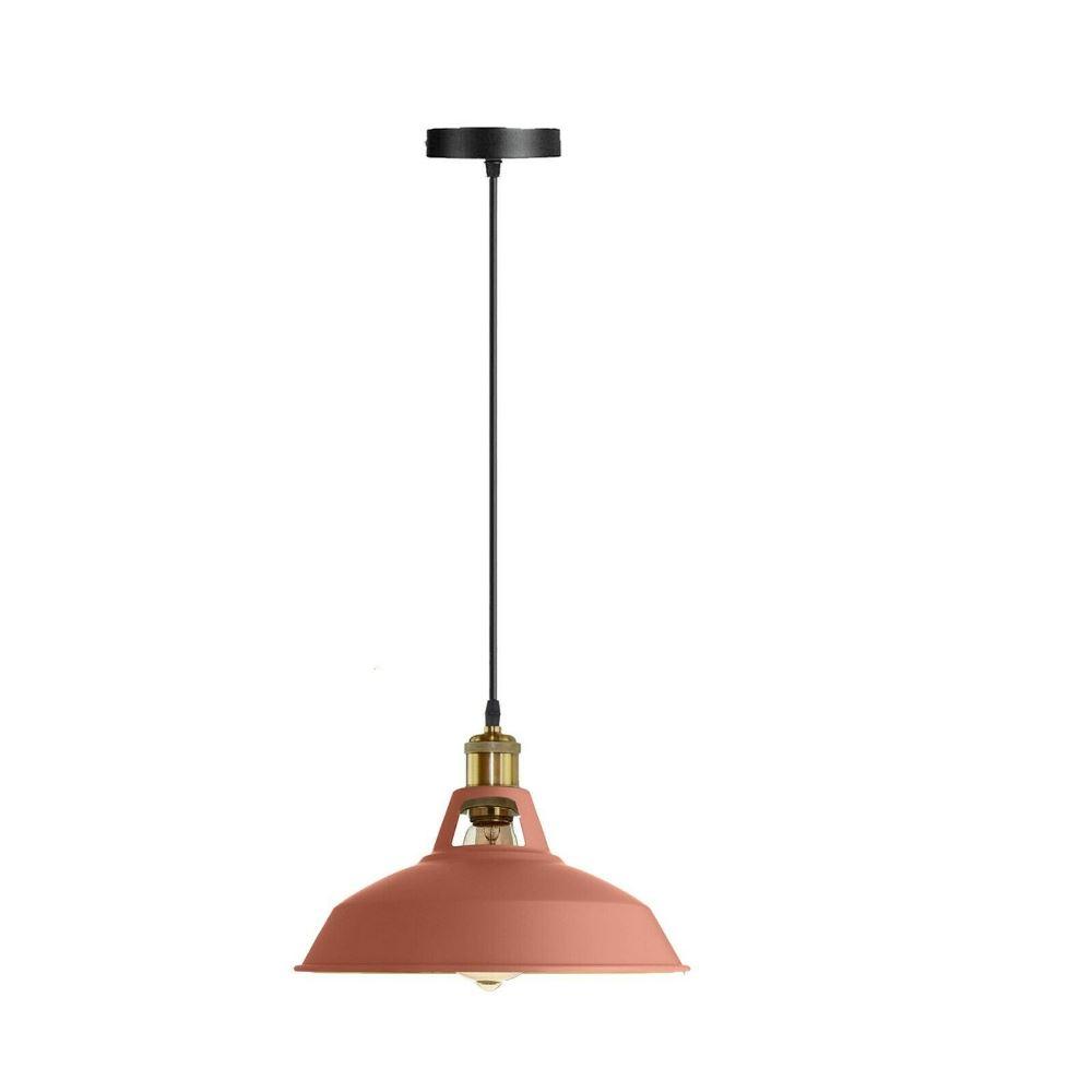 Vintage industrial retro loft metal hanging ceiling lampshade in pink with black fabric wire, showcasing a stylish design.