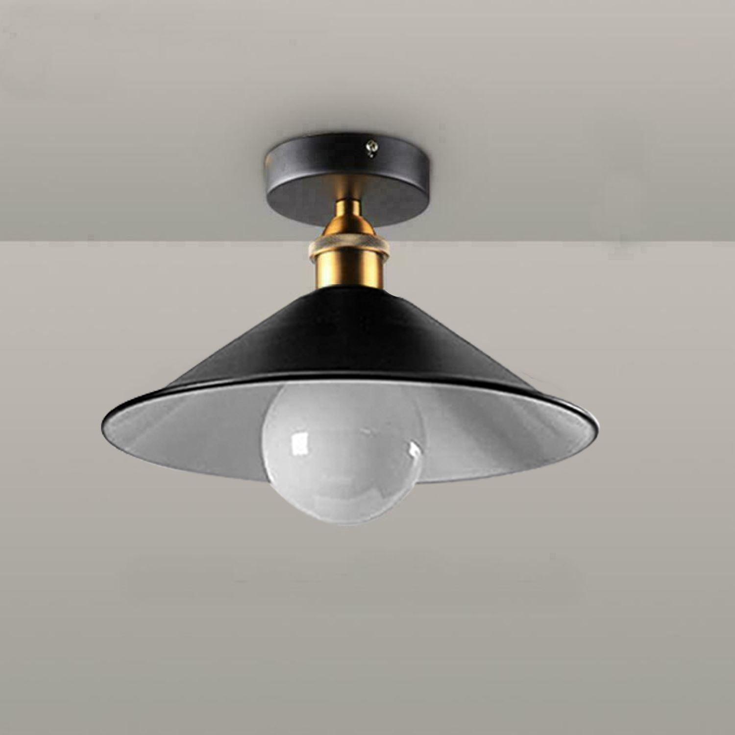 Stylish round cone down light fixture in black, ideal for bathrooms, kitchens, and living rooms, showcasing modern design and E27 lamp base.