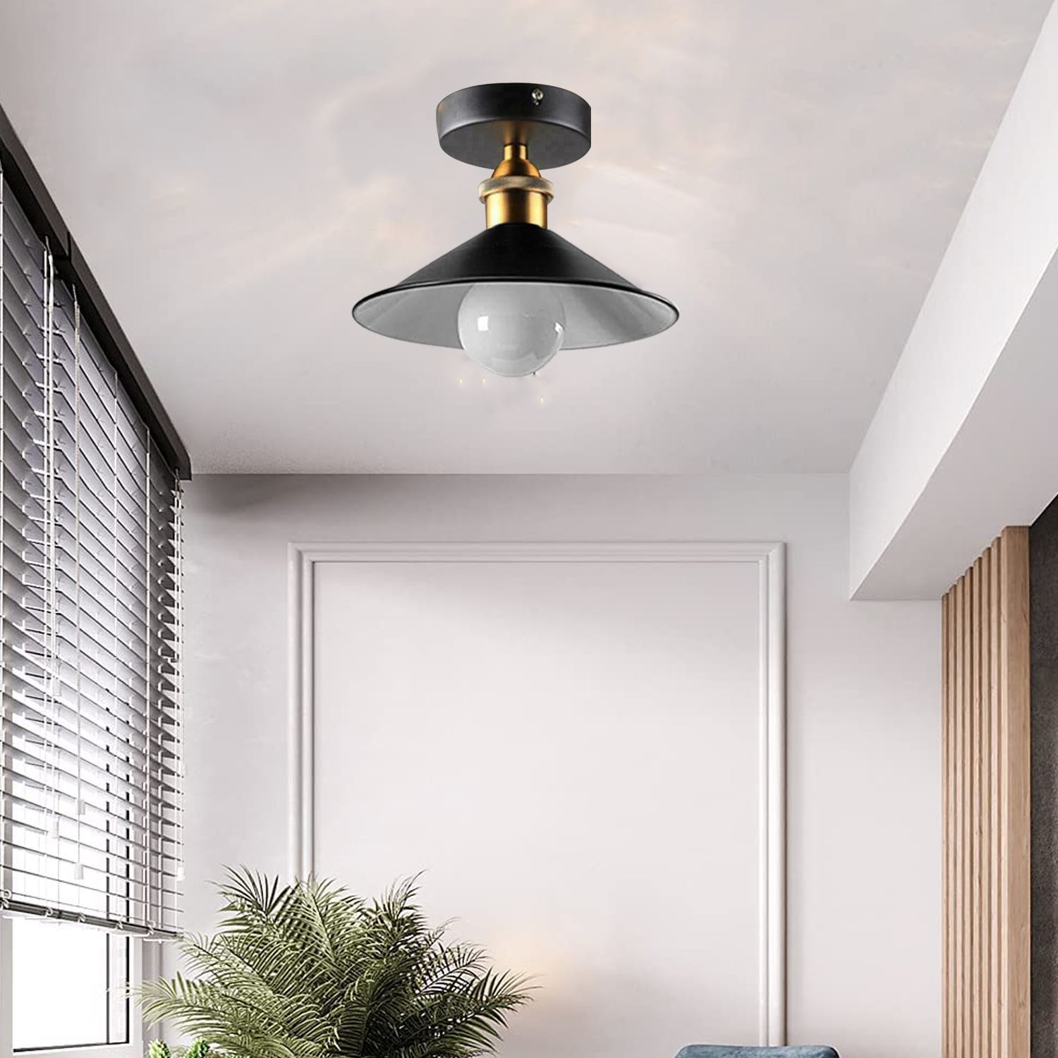 Stylish round cone down light fixture in black, ideal for bathrooms, kitchens, and living rooms, showcasing modern design and E27 lamp base.
