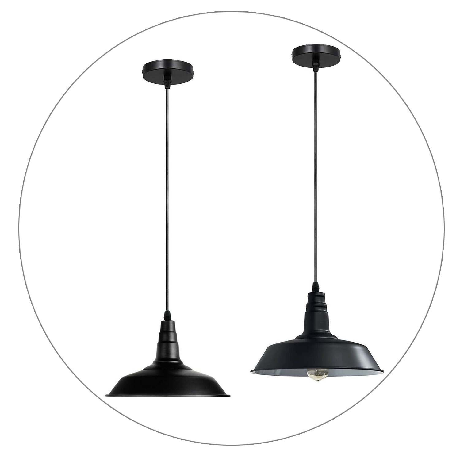 Ceiling pendant light with a sleek metal shade, ideal for indoor decoration, featuring an E27 lamp base and a stylish black finish.
