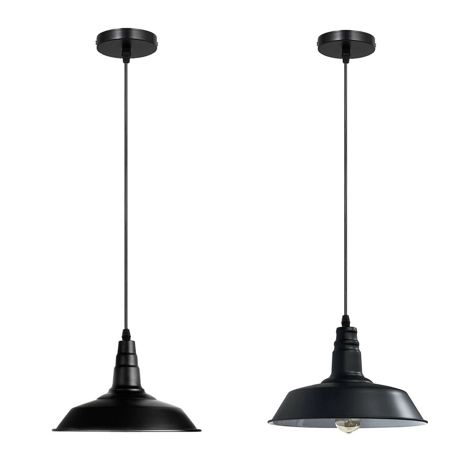 Ceiling pendant light with a sleek metal shade, ideal for indoor decoration, featuring an E27 lamp base and a stylish black finish.