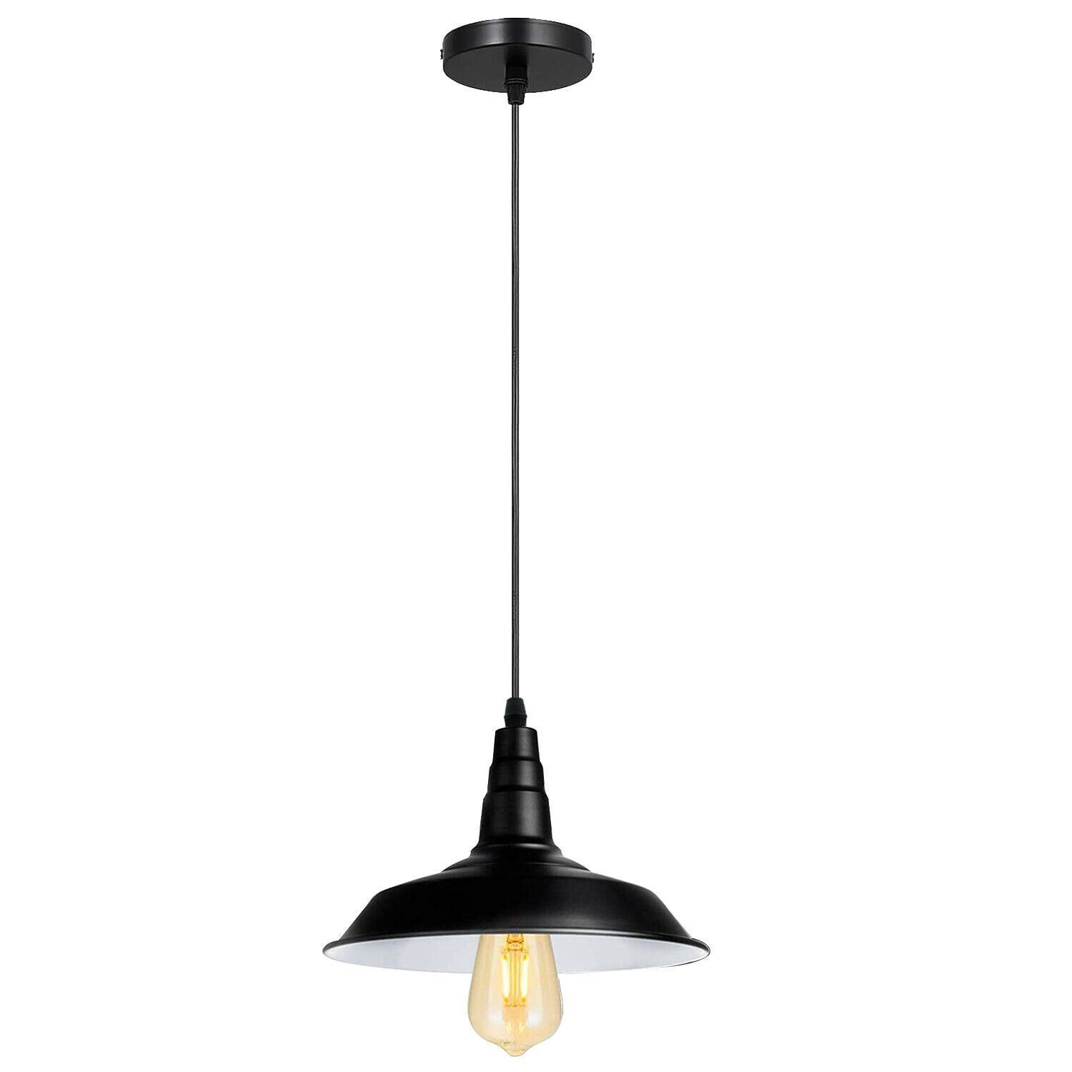 Ceiling pendant light with a sleek metal shade, ideal for indoor decoration, featuring an E27 lamp base and a stylish black finish.