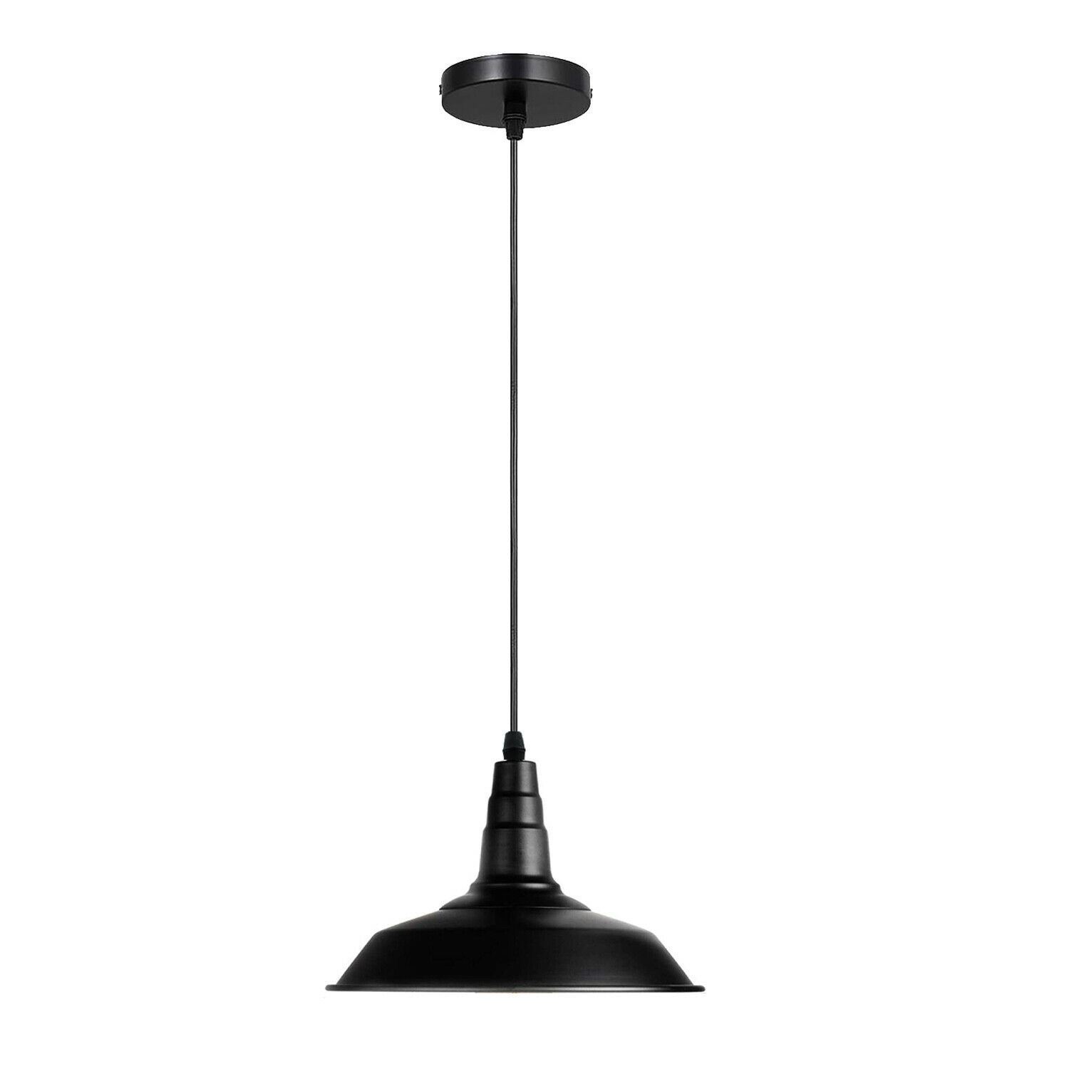 Ceiling pendant light with a sleek metal shade, ideal for indoor decoration, featuring an E27 lamp base and a stylish black finish.