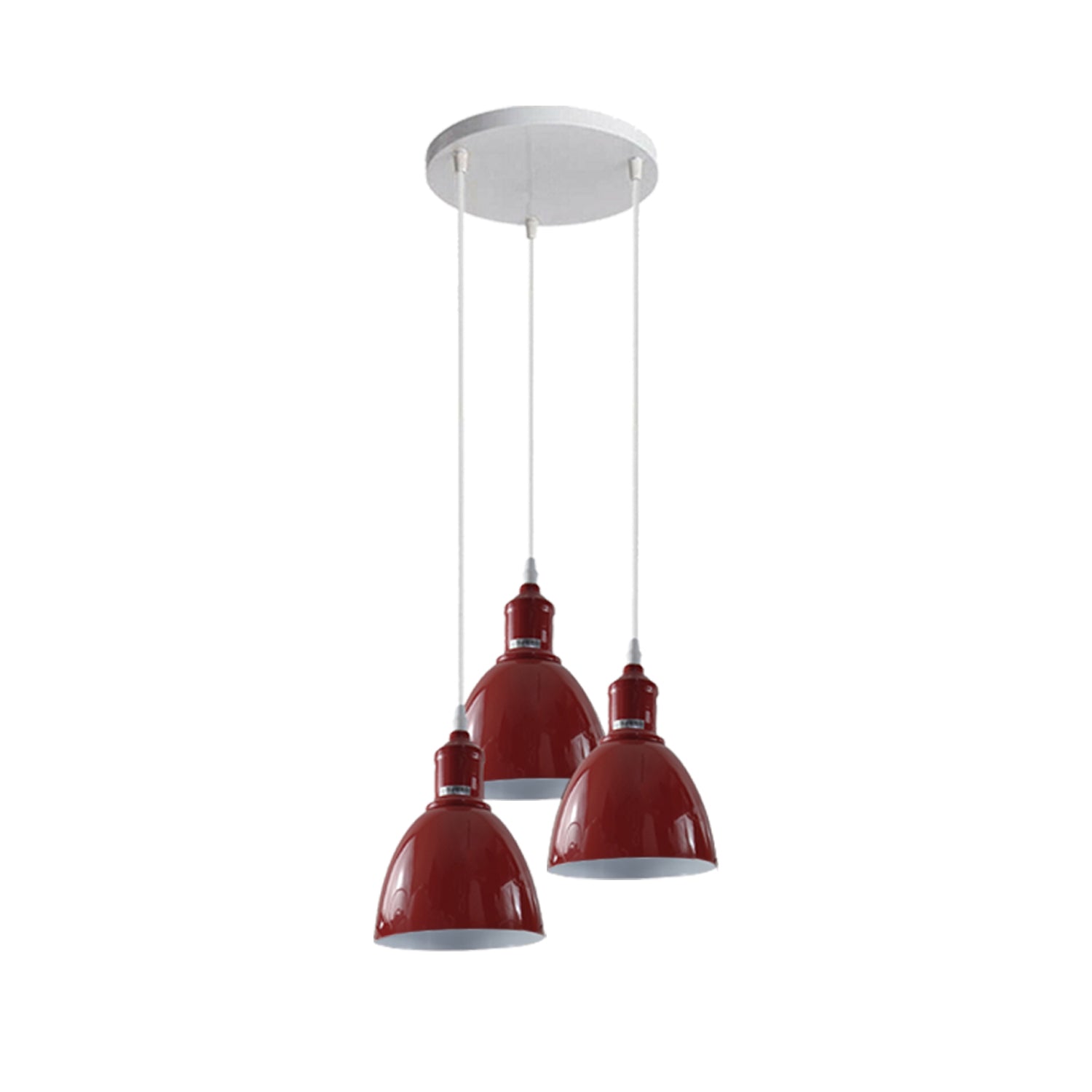 Stylish red ceiling pendant light with three shades, perfect for indoor use, showcasing vintage design and adjustable cable.