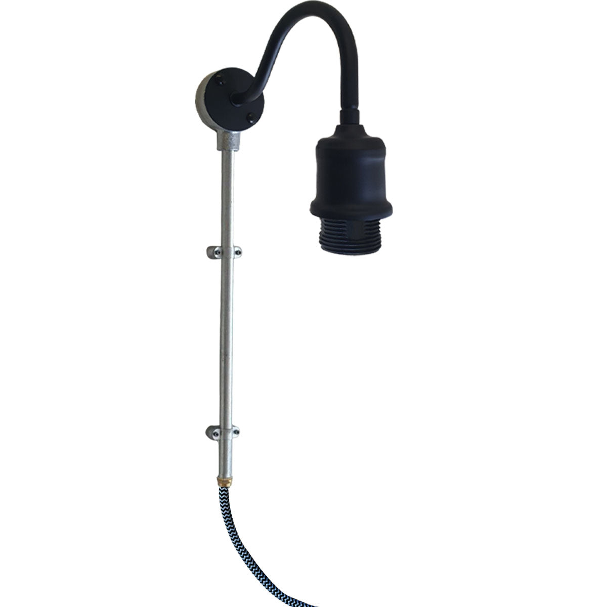 Vintage conduit pipe wall light with dimmer switch and fabric flex cable, showcasing a unique antique design.