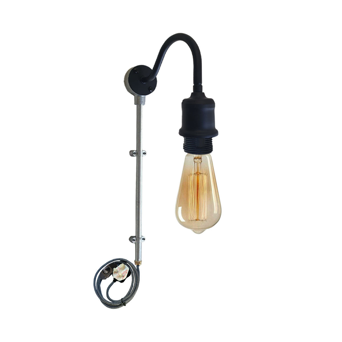 Vintage conduit pipe wall light with dimmer switch and fabric flex cable, showcasing a unique antique design.