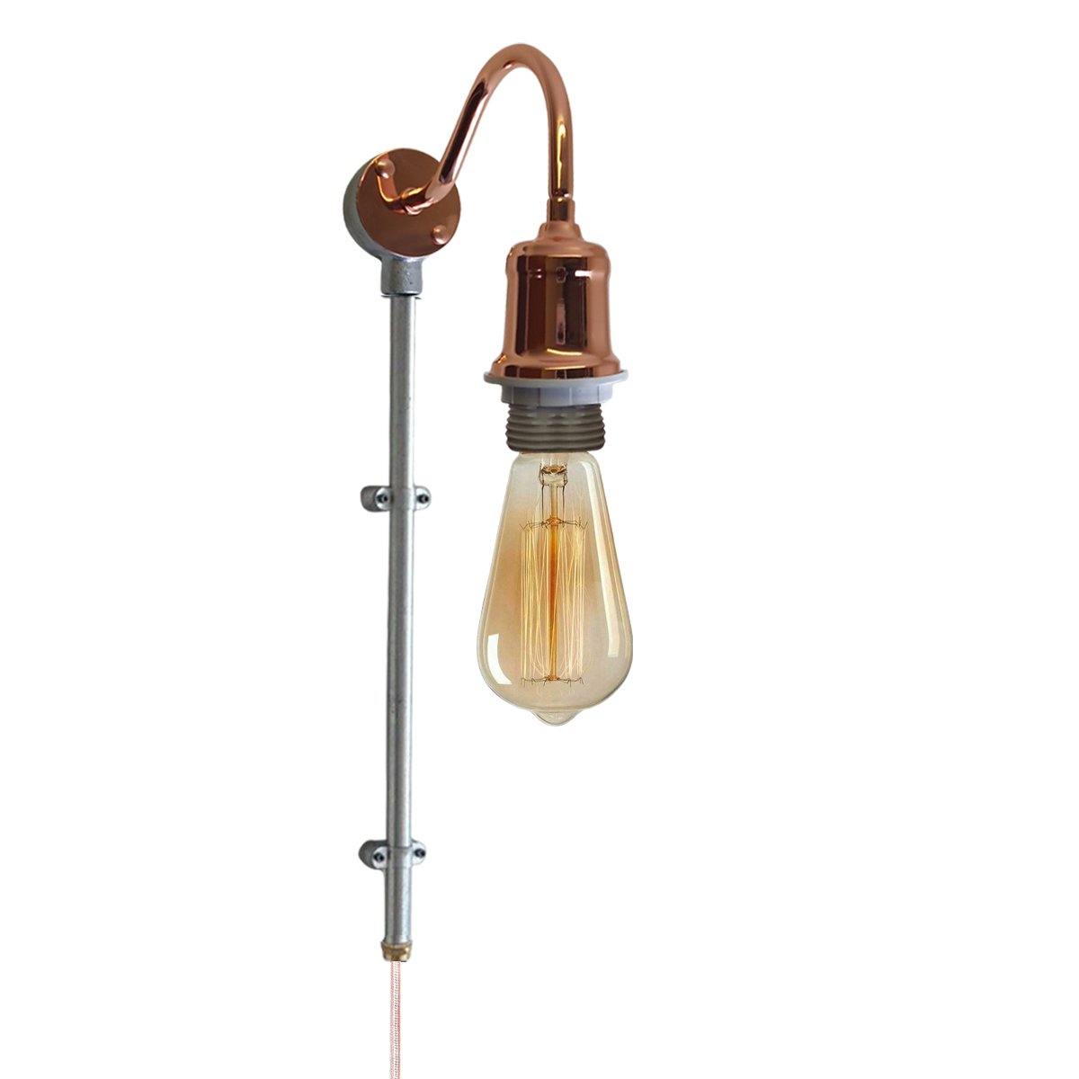 Vintage conduit pipe wall light with dimmer switch and fabric flex cable, showcasing a unique antique design.