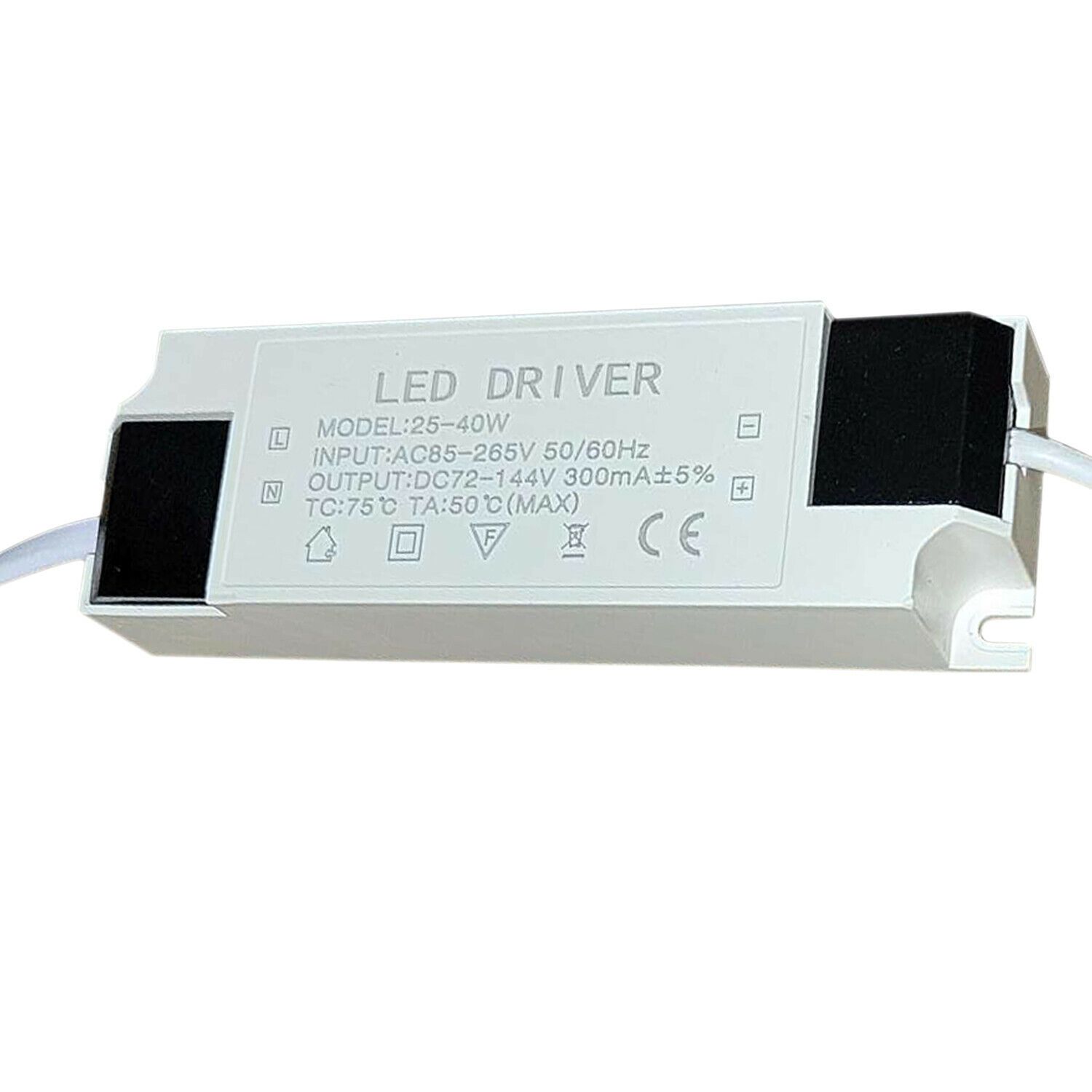 Compact Constant Current 300mA DC LED Driver Power Supply, suitable for 72-144V applications, with polycarbonate casing.