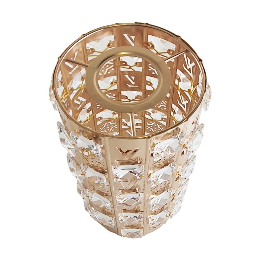 Elegant Crystal Long Light Modern Lamp Shade in French gold finish, showcasing its intricate design and warm lighting.