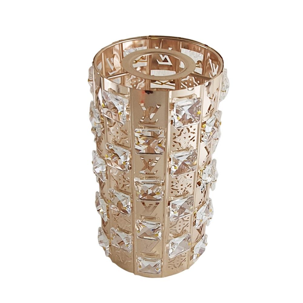 Elegant Crystal Long Light Modern Lamp Shade in French gold finish, showcasing its intricate design and warm lighting.