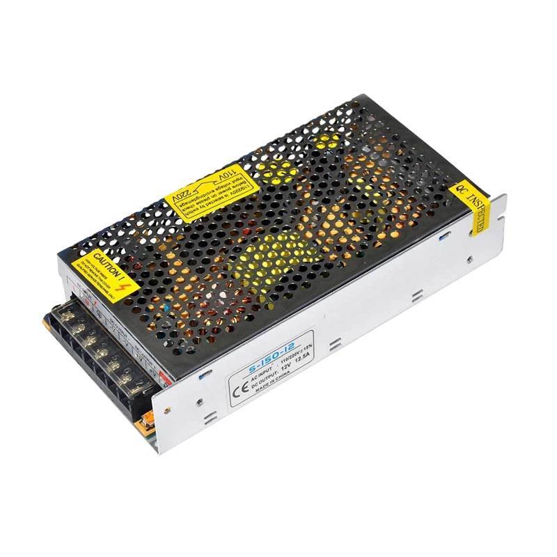 DC 12V 12.5 Amp Switching Power Supply for LED strips and CCTV, featuring a fully enclosed design and universal input voltage.