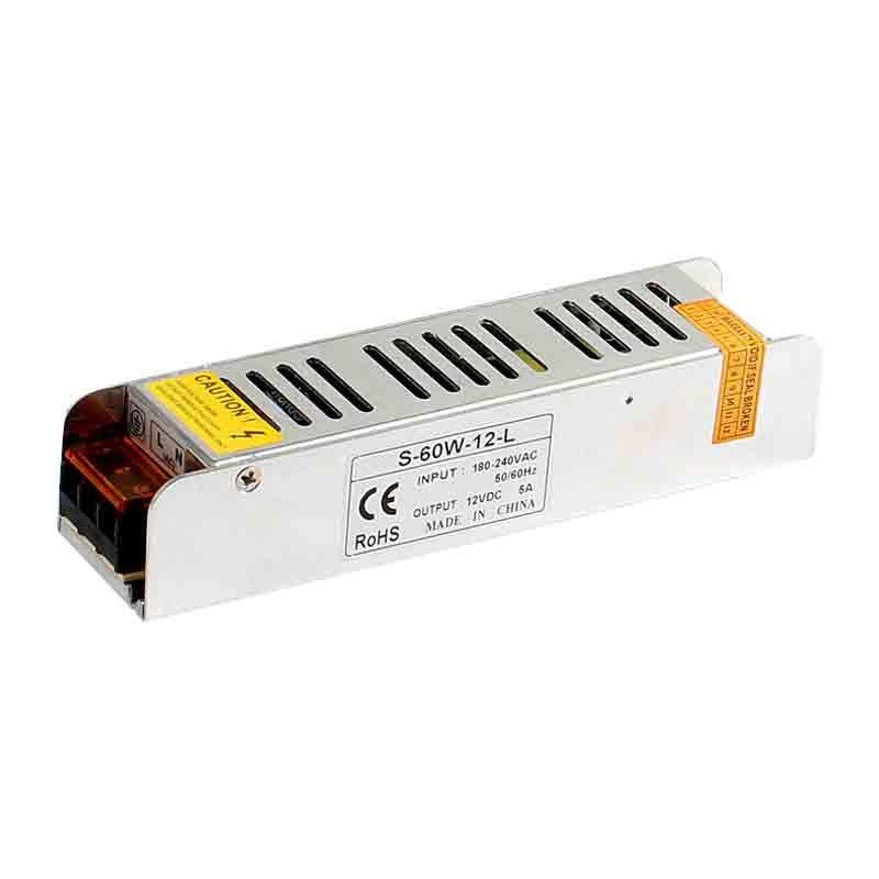 DC12V 60W IP20 Mini Universal Switching LED Transformer with specifications and safety features.