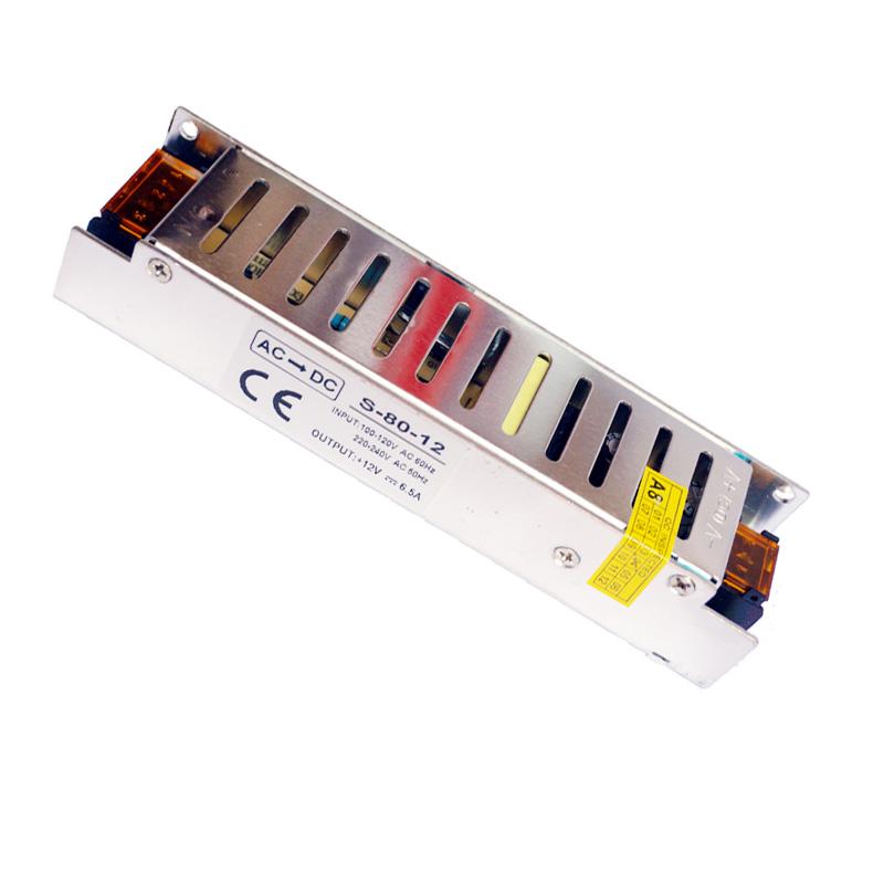 DC12V 80W IP20 Mini Universal Switching LED Transformer with specifications and features highlighted.