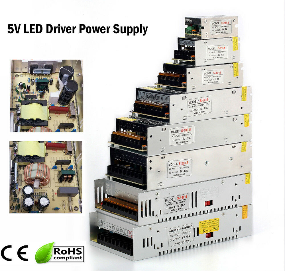 DC5V LED Driver Power Supply Transformer with metal case, designed for LED strips and MR16 applications, showcasing its robust and durable design.