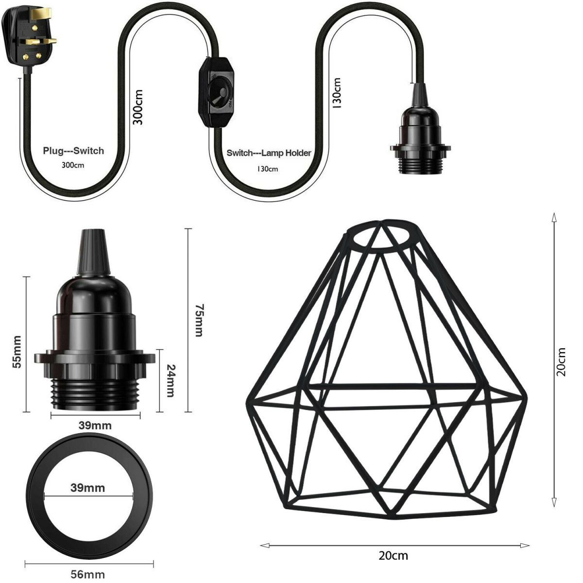 Dimmer Switch 4m Rubber Cable Lamp Light Set with metal cage shades in various colors, showcasing its modern design and adjustable cord.