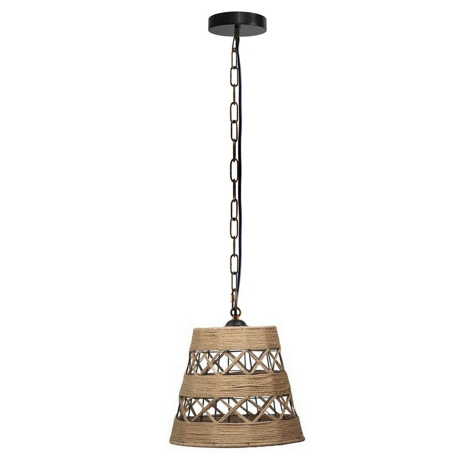 Drum Shape Ceiling Pendant Light featuring hemp rope design and E27 lamp base, ideal for home and cafe decor.