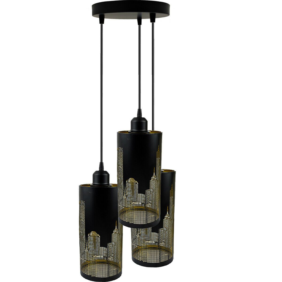 E27 Lampshade Pendant Light Fitting with adjustable black cord and metal design, showcasing three light holders and a ceiling rose.
