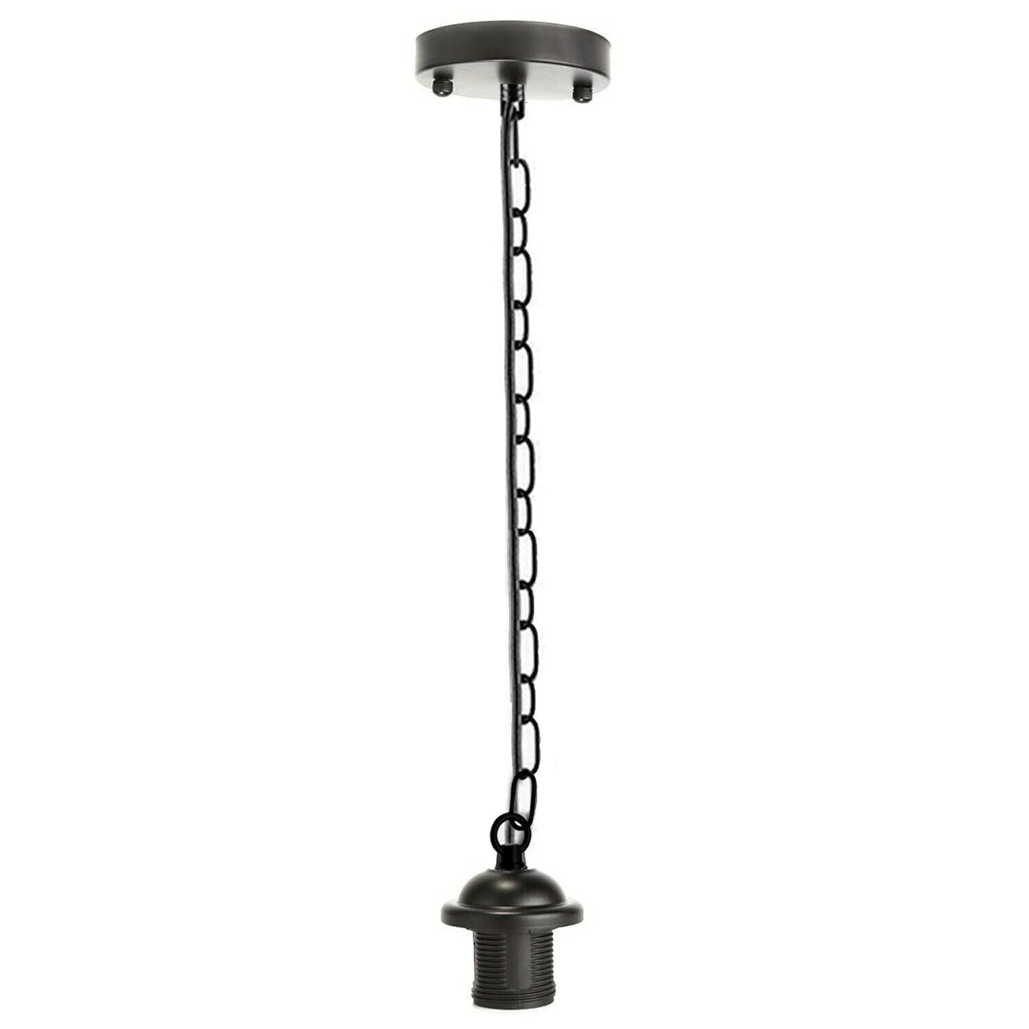 E27 Pendant Lamp Holder with hanging chain, featuring a sleek black design suitable for various interiors.