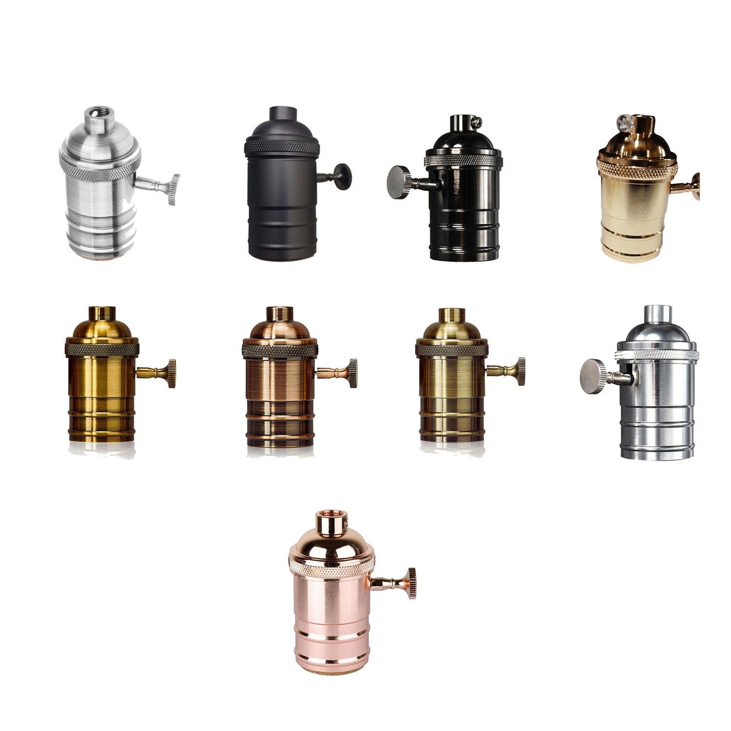 E27 Screw Vintage Switch Bulb Holder in Green Brass finish, showcasing its industrial antique design and compatibility with E27 bulbs.